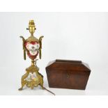 A French porcelain and gilt metal 19th century lamp base, together with a Victorian mahogany tea