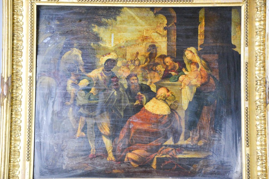 A 19th century reverse painting on glass, depicting The Three Wise Men visiting baby Jesus. - Bild 2 aus 2