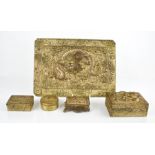 A group of gilt metal Chinese trinket boxes, embossed with decoration, together with a tray