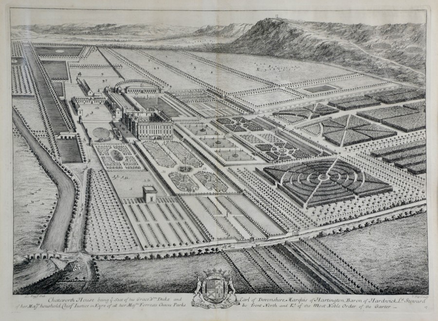An 18th century copper line engraving from the series by J. Kip, 1713, Chatsworth House, 38 by 50cm. - Image 2 of 2