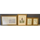 A group of framed prints and illustrations to include, Vue et plan d'une Naumache, Habit de
