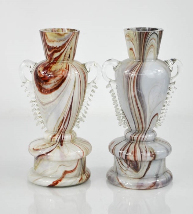 A pair of mid-century marbled glass vases circa 1950.