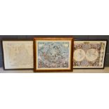 Three framed jigsaw puzzles, map of England, world maps, Hemisphe Aliscoeli.