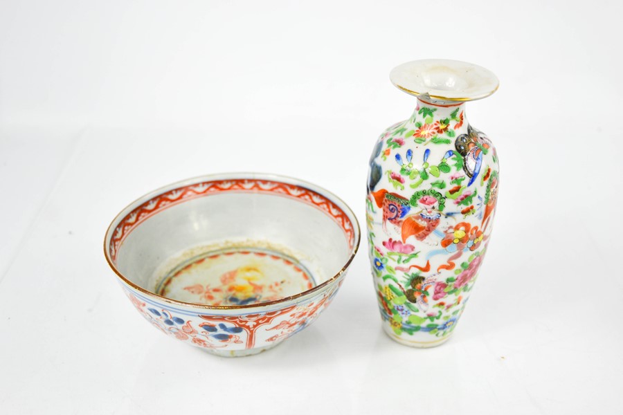 A 19th century Chinese Famille Rose baluster vase, enamelled with lions, butterflies and flowers, - Image 2 of 2