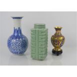 A 20th century Chinese Longquan style celadon cong vase together with a cloisonne vase on stand