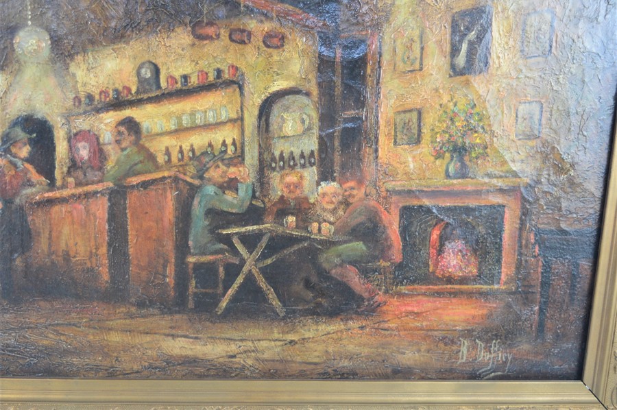 A framed oil on canvas depicting a tavern scene - signed - Image 3 of 4