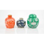 Three Chinese ceramic jars, including one green ground ginger jar and one with orange ground