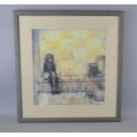 Peter White (20th century): mixed media with pastels, " A woman on a bench" 1988. 36cm by 34cm