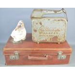 A vintage carved cameo shell lamp - 22cm together with a vintage fuel can and suitcase