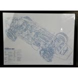 A framed cutaway drawing of a Maserati 250f, 58cm by 42.5cm.