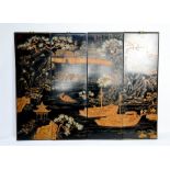 A set of four late 19th century black lacquered Chinese panels, depicting junks and town scenes