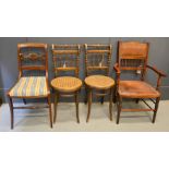 A pair of 19th century oak chairs with caned seats, together with a Victorian chair with upholstered