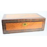 A 19th century rosewood and satinwood work box, fitted with leather writing surface and secret