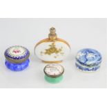 A group of 19th century and early 20th century porcelain boxes and scent bottle, one in blue and