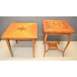 Two Edwardian mahogany parquetry tables 61cms tall x 67cms square, and 72cms tall x 57cms square