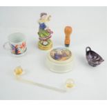 A Prattware pot and lid together with a Sitzendorf figurine, imari-style cup, slag glass basket,