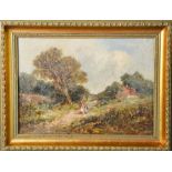 E. Meadows (19th century oil on canvas): depicting a cottage and figures in a landscape, signed
