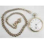 A silver pocket watch, London import hallmark, date 1913, together with a silver Albert chain