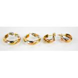 Two pairs of hoop earrings, one pair marked 9ct in white, yellow and rose gold 8.2g, the other