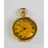 A late 19th century ladies pocket watch, stamped 14ct, with gold engraved face and Roman numerals.