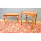 Two mahogany side tables, one having an X form stretcher.