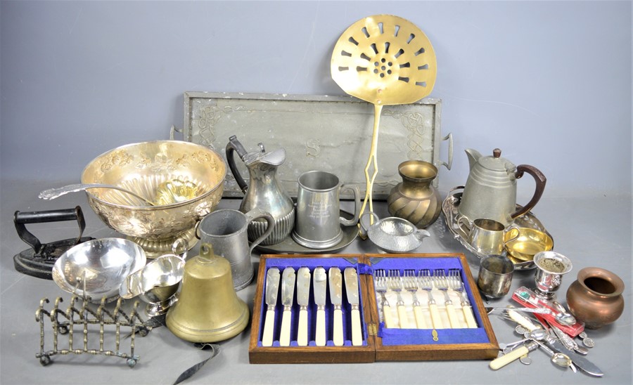 A group of silver-plate, brass and pewter to include silver collared fish knife and fork set,