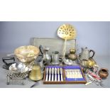 A group of silver-plate, brass and pewter to include silver collared fish knife and fork set,