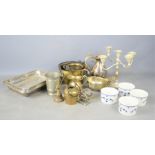 A quantity of brass and silver-plate to include candelabra, jug, tankard etc