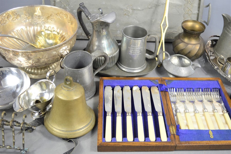 A group of silver-plate, brass and pewter to include silver collared fish knife and fork set, - Image 2 of 3