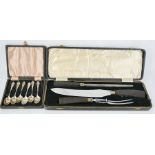 A set of six silver spoons and a carving set, both in original presentation boxes.
