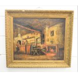 A framed oil on canvas, depicting a tavern scene, signed.