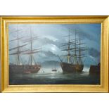 A large oil on canvas depicting ships sailing in the moonlight. 60cms x 90cms
