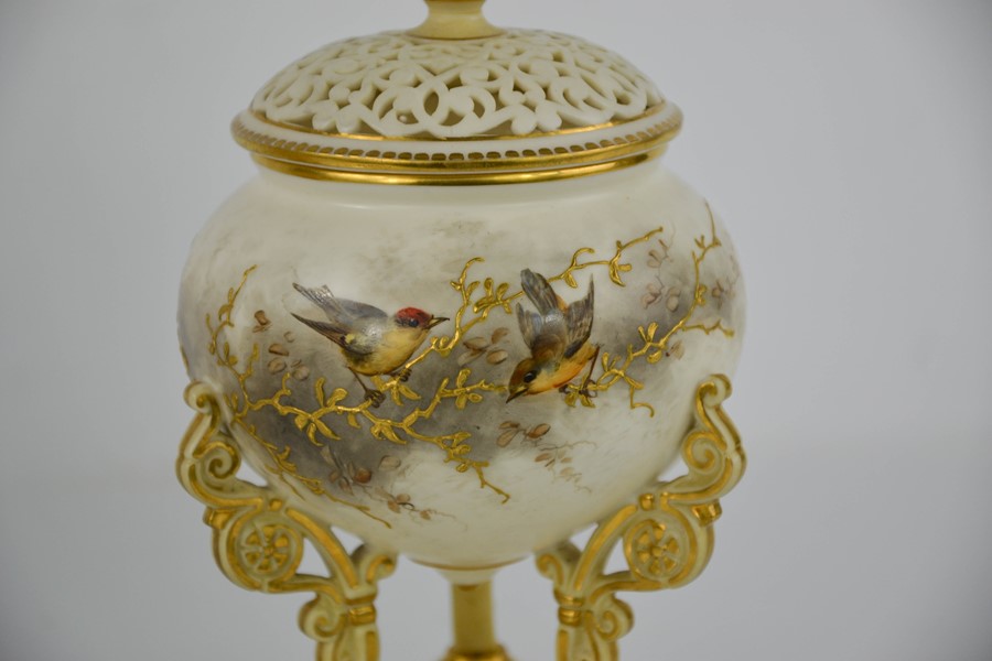 A Royal Worcester Grainger ivory ground pot pourri vase and cover, circa 1890, painted with birds, - Image 2 of 3