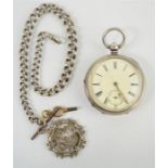 A 19th century silver pocket watch and Albert chain, Birmingham 1897.