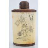 A Chinese bone snuff bottle incised with figures in landscape, c1900