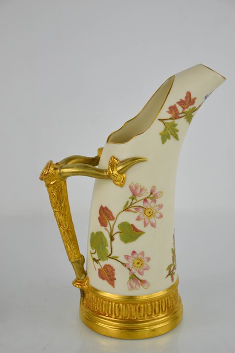 A Royal Worcester blush ivory tusk jug, painted with thistles, with gilt bark handle, date code 1889 - Image 3 of 3