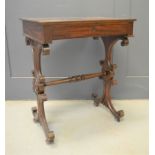 A 19th century mahogany side table with c-scroll end supports and single drawer, 75cms tall x