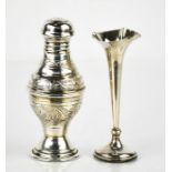 A silver posy vase, 2.1toz, and a silver salt, embossed with decoration.
