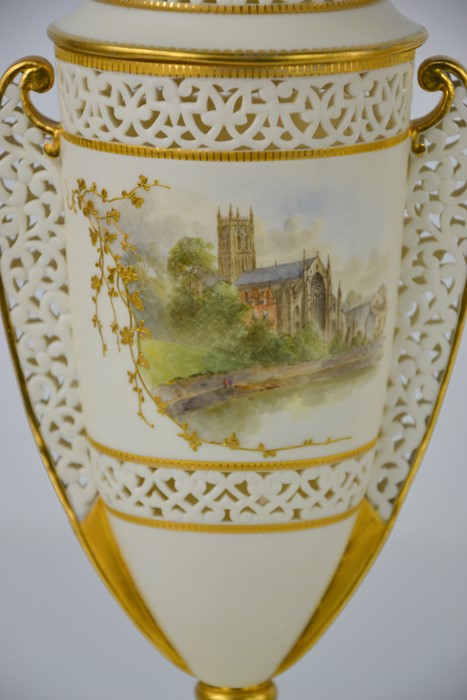 A Fine Royal Worcester porcelain vase and cover, in the style of George Owen, with pierced - Image 2 of 3