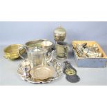 A quantity of brass and silverplate to include teapot,, tankard, tray, flatware etc