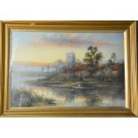 A 19th century oil on canvas, lake scene with figures in a boat at sunset, signed by W Langley, 24