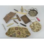 A group of collectibles to include a Jack knife, 1930s snakeskin purse, silver plated pencil,