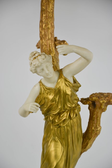 A Royal Worcester table lamp in the form of a classical lady in gilded robes, standing beside a - Image 3 of 3