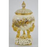 A Royal Worcester Grainger ivory ground pot pourri vase and cover, circa 1890, painted with birds,
