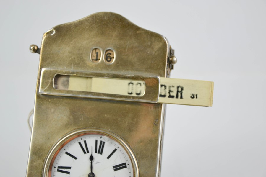 A silver desk calendar pocket watch holder, containing pocket watch with Roman numeral dial, the - Image 2 of 3