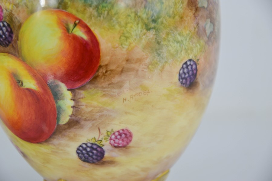 A fine pair of Royal Worcester pot pourri vases with inner and outer covers, painted with fruit on - Image 3 of 3