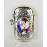 A silver vesta case with erotic enamel plaque, 29g, 3.5cm.