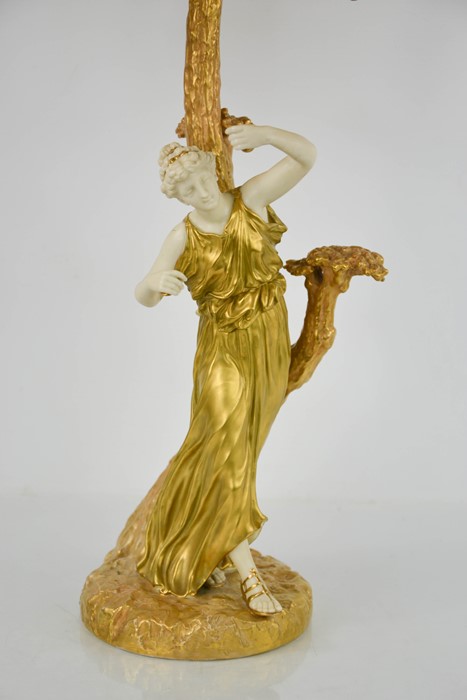 A Royal Worcester table lamp in the form of a classical lady in gilded robes, standing beside a - Image 2 of 3