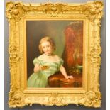 A fine mid 19th century oil on canvas laid onto board, of a young lady standing beside a chair