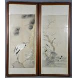 A pair of Chinese silk work embroidered panels, depicting a crane on one, and birds amidst prunus